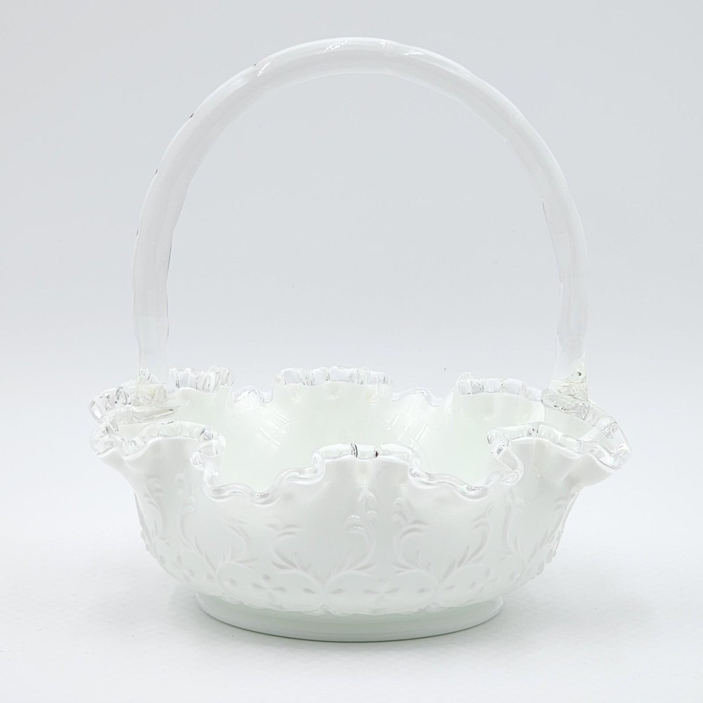Fenton Spanish Lace White Milk Glass Silver Crest Basket Clear Rim Vintage